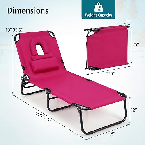 Miniatura 3 de Goplus Silla de bronceado, silla de playa plegable con agujero facial, almohada extraíble, correa de transporte, posición ajustable, silla