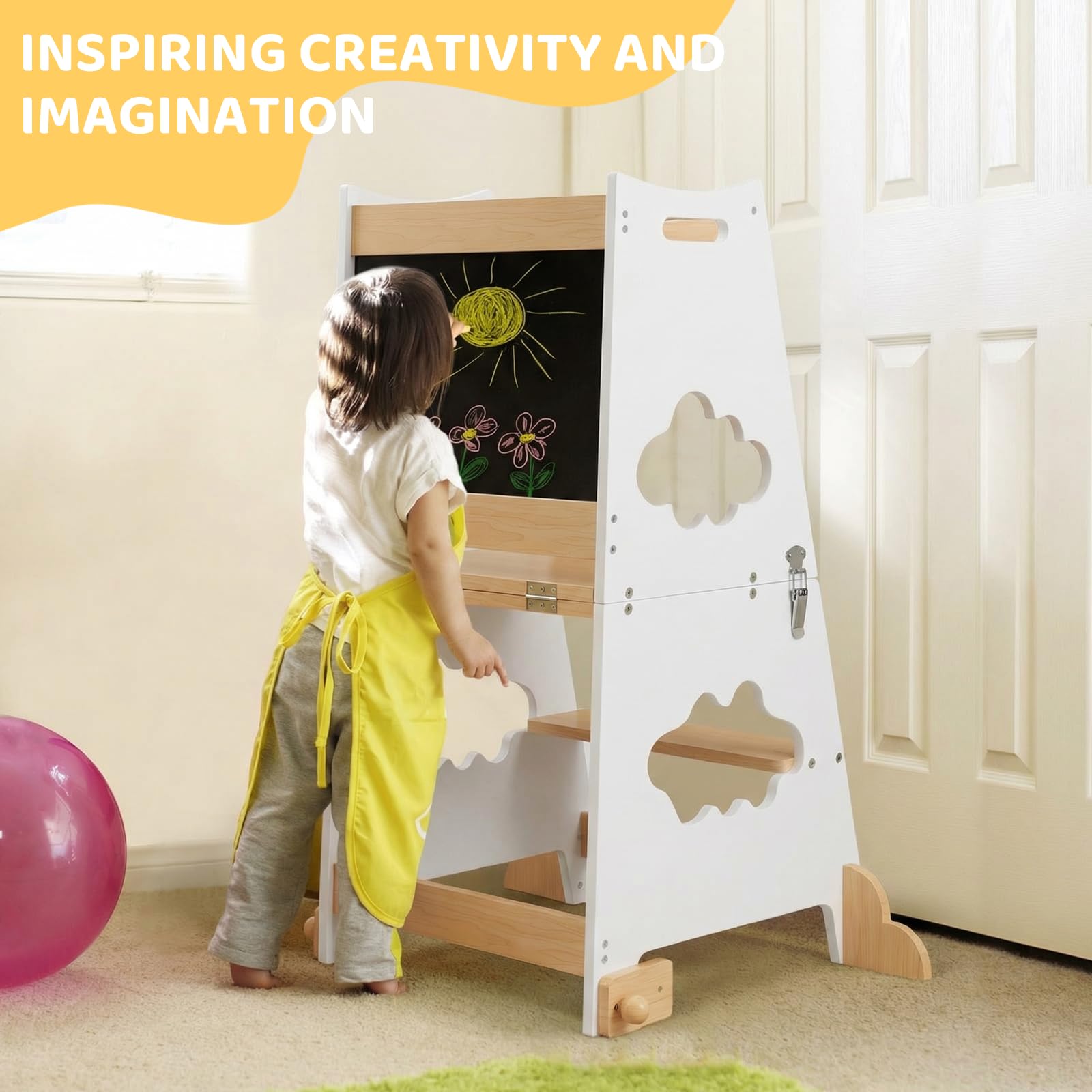 KIDINIX Learning Tower, 3 in 1, Torre di apprendimento Montessori, a partire da 1 anno, con ringhiera di sicurezza e lavagna, pieghevole, per bambini, con funzione tavolo, per cucina, bagno, natura e