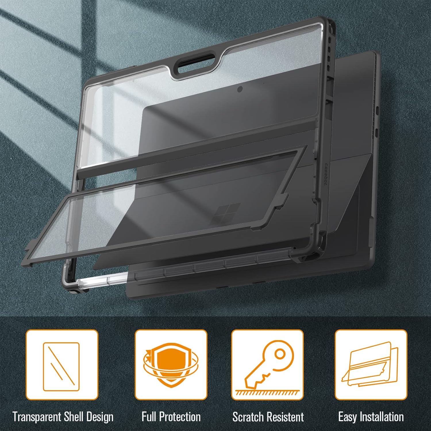 Fintie Hard Case for 13 Inch Microsoft Surface Pro 11/10/9 - Shockproof Folio Rugged Cover with Clear Transparent Back Shell Compatible with Type Cover Keyboard, Black - Image 3