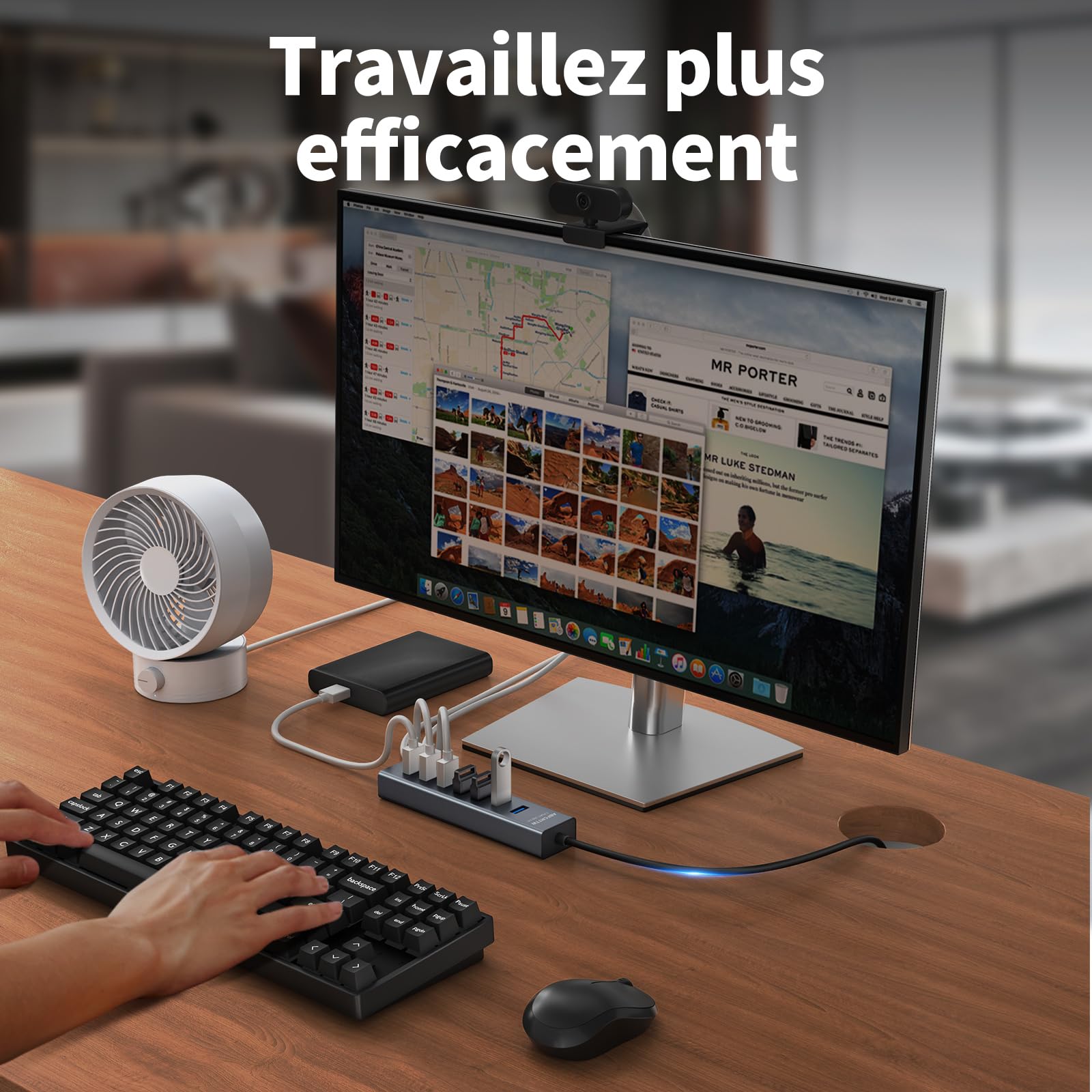 Hub USB 3.0 7 Ports Aluminium 120cm Câble 5Gbps 5V 3A Type-C pour PC Bureau