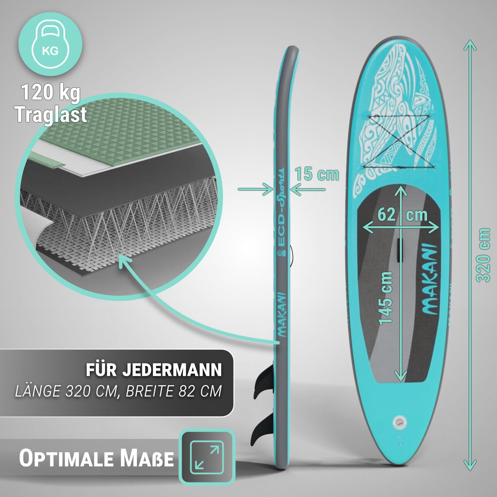 Stand Up Paddle Board | Allround SUP 320 cm | xxx | Komplettset | Drop-Stitch-Kern | bis 120 kg | 3 Finnen | Tragetasche | für Anfänger und Fortgeschrittene | aufblasbar
