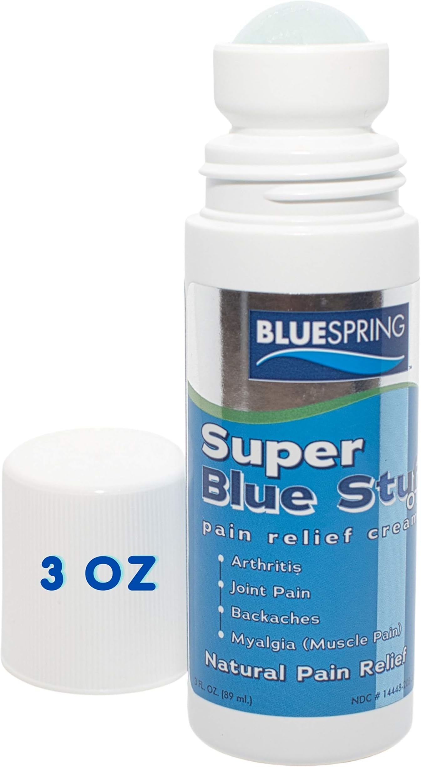 Super Blue Stuff Natural Pain Relief roll on with Emu Oil by BlueSpring- Pain relief rub Anti Inflammatory Analgesic Cream for Back, Knee, Joint, Muscle, Arthritis, and neck Pain Relief- 3 Oz roll-on.