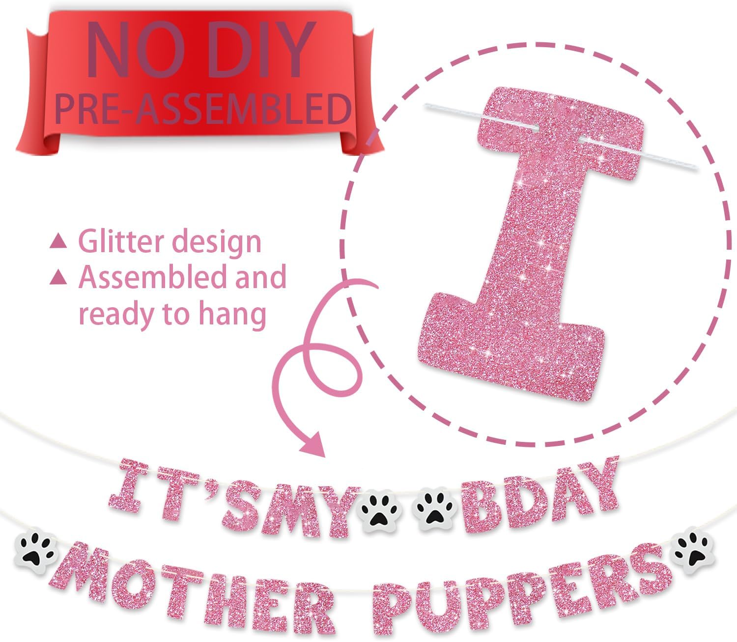 BEISHIDA Pink It's My Bday Mother Puppers Banner - Cat/Dog Birthday Decorations, Puppy Dog Pennant Decor