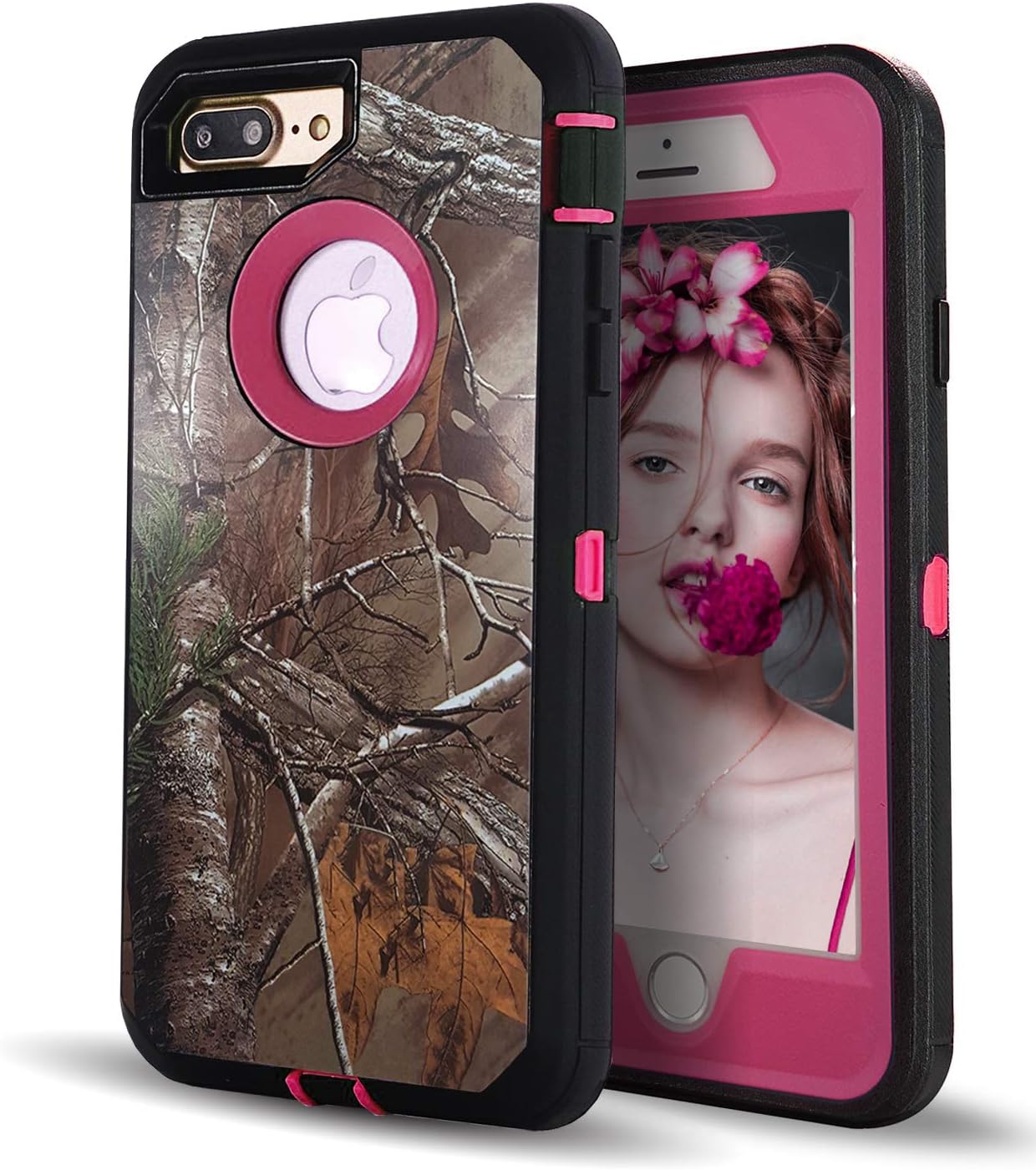 iPhone 8 Plus Case with Screen Protector,iPhone 7 Plus Protective Phone Cases for Men/Women,Vodico Camo Heavy Duty Defender Shockproof High Impact Full Body Cover with Belt Clip Holster (X Rose)