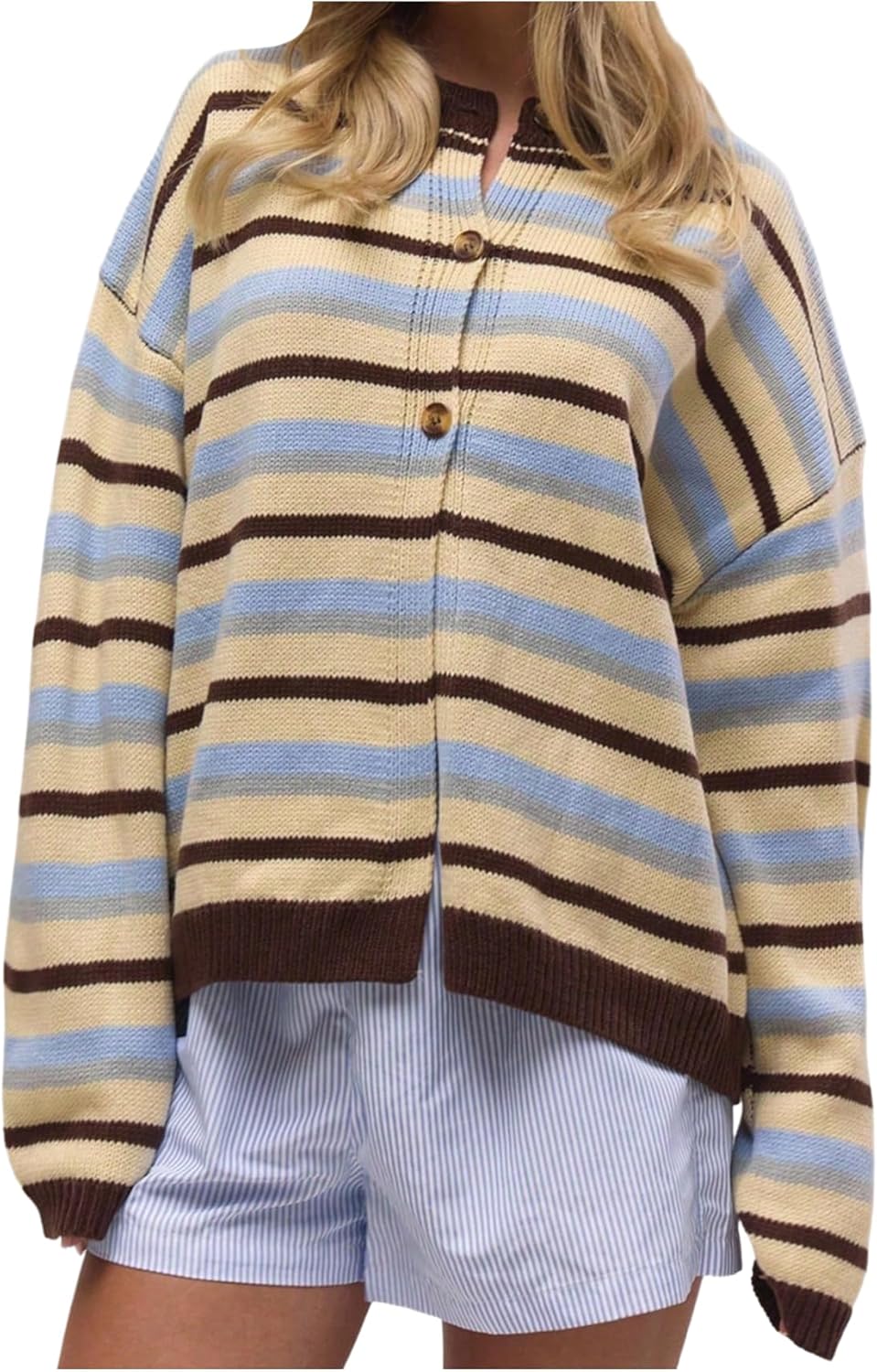 Verdusa Women's Striped Cardigan Sweater Button Up Oversized Sweaters Winter Outfits Knit Outerwear