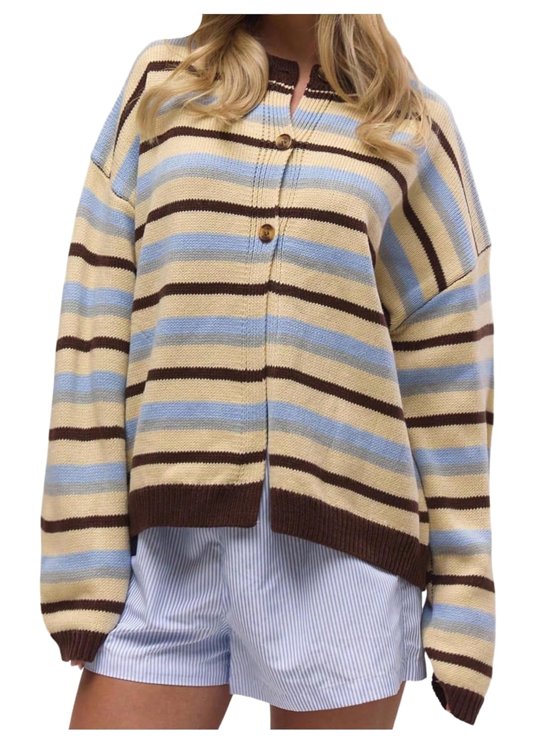 MakeMeChic Womens Striped Cardigan Button Down Long Sleeve Crew Neck Sweater