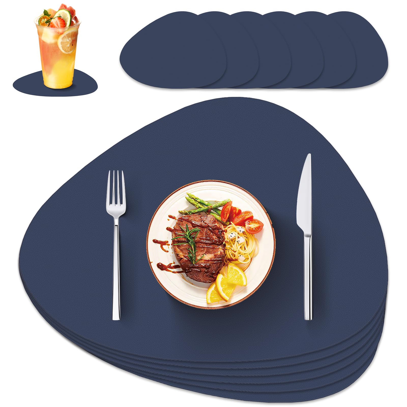 IKWOLETI Washable Table Placemats with Coasters - PU Leather Place Mats for Table - Double-Sided Placemats Ideal for Kitchen and Office, Set of 6, Navy Blue