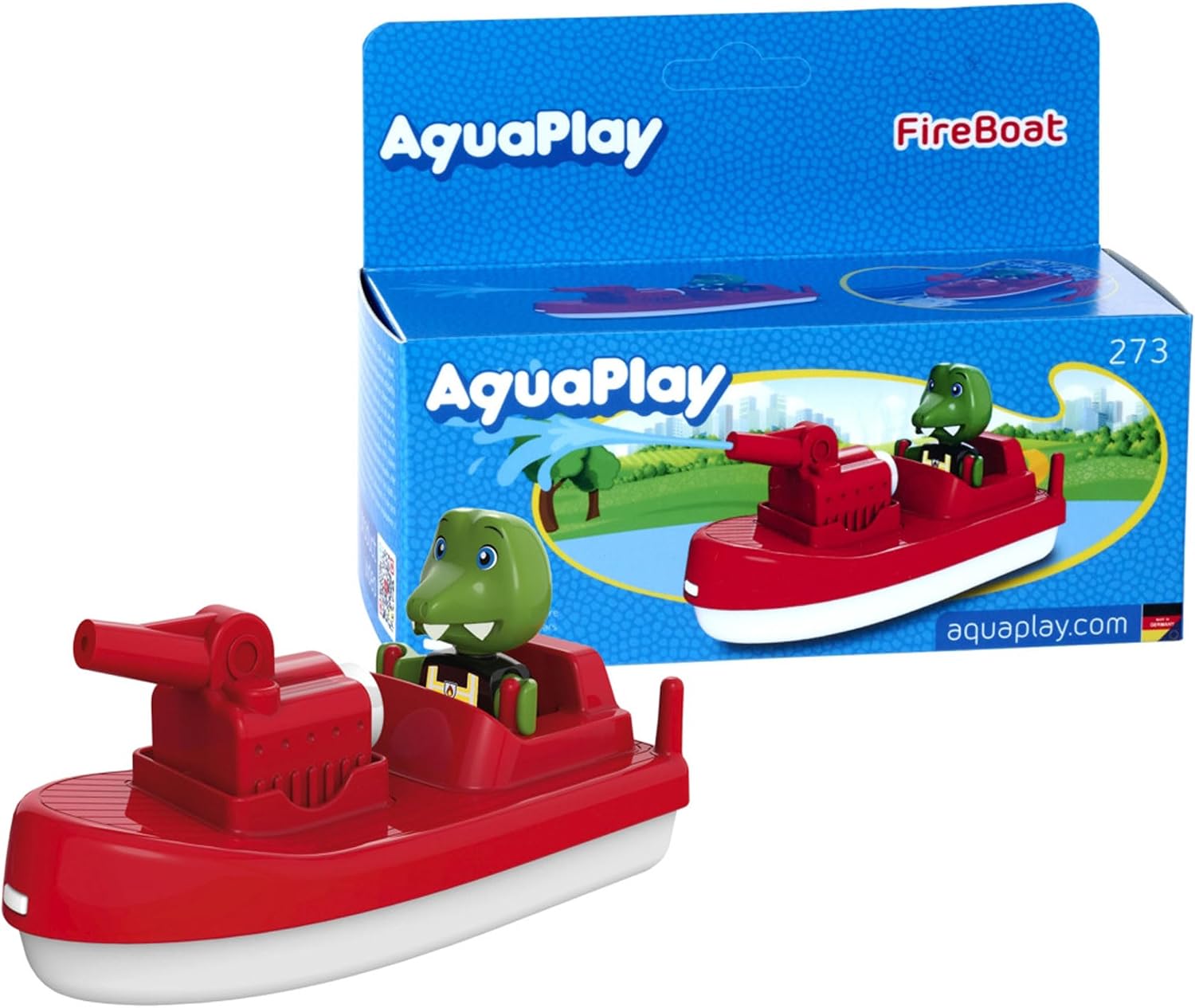 AquaPlay 8700000273 - FireBoat akcesoria do torów wodnych AquaPlay lub wanny straż pożarna z Sven dem krokodyl funkcja natrysku wody dla dzieci od 3 lat czerwony