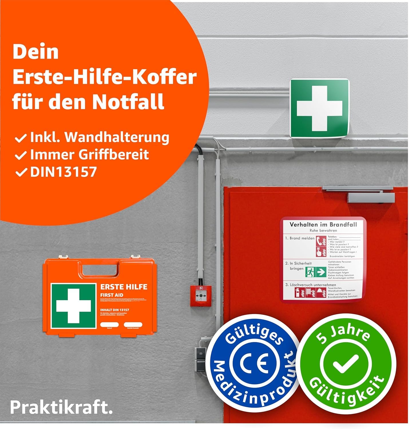 5x Erste Hilfe Koffer - DIN 13157:2021 Kasten & 5x Aufklebern - Verbandskasten orange - inkl. Wandhalterung (5)