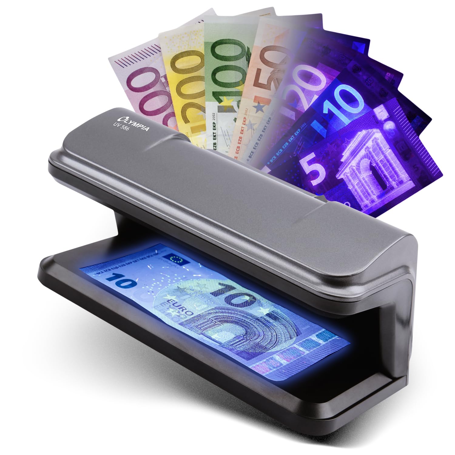 Olympia Detector de billetes UV 586 | Comprobador de billetes para billetes | comprobador de billetes falsos con lámpara UV 9 W | Prueba de billetes y billetes | Detector de billetes | sin
