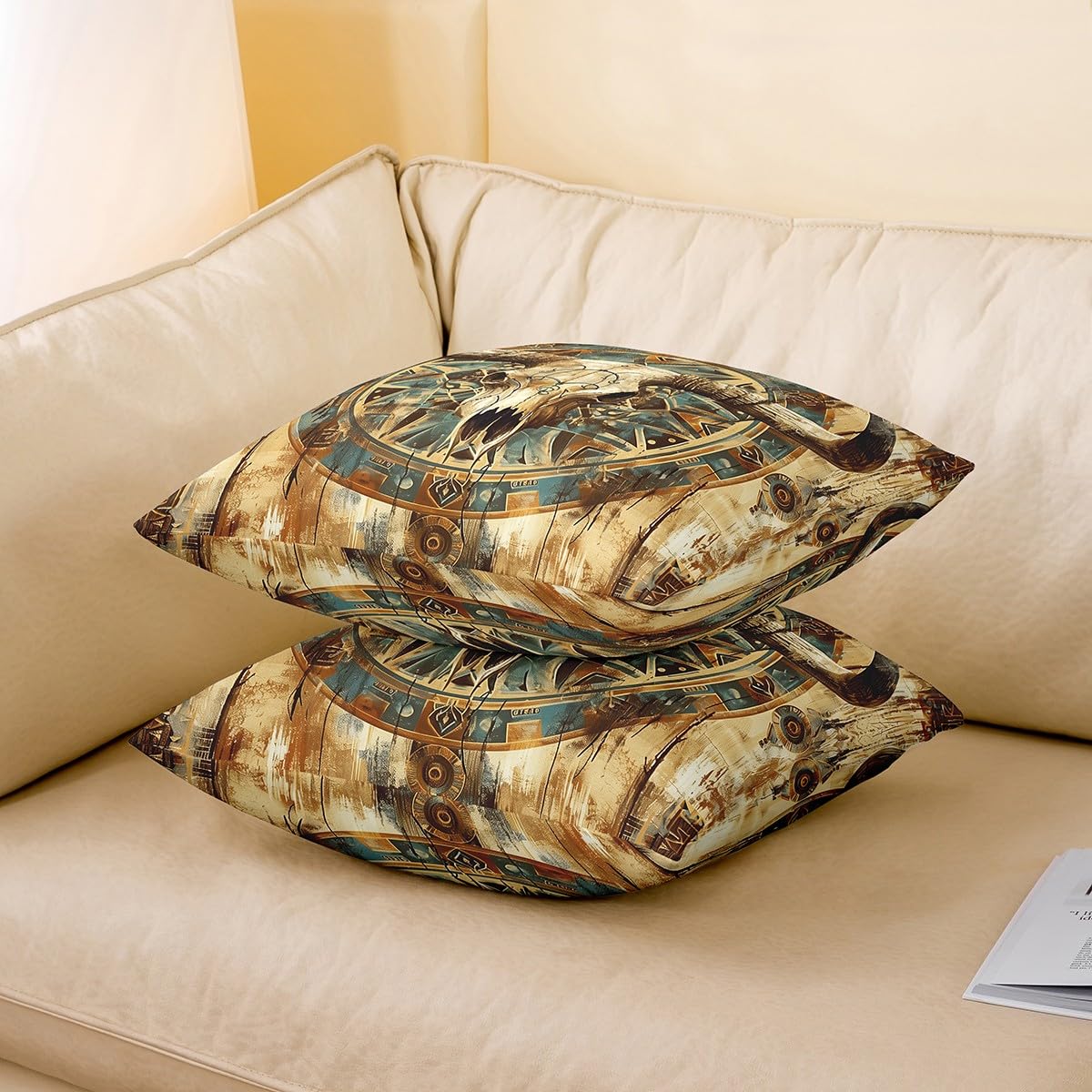 Federa Cuscino Bohémien 45x45 Cm – Motivo Mucca E Teschio Toro Western – 2 Pezzi In Cotone – Decorazione Country
