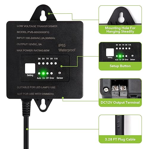 Miniatura 5 de Transformador de bajo voltaje de 60 W con temporizador y sensor de fotocélula, 120 V CA a 12 V CC, IP65 impermeable, suministro para luz LED de