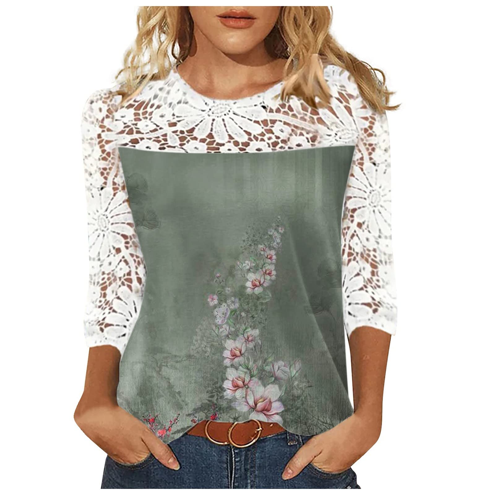 3/4 Sleeve Blouses for Women, Summer Tops 2023 Trendy Crewneck Tops Slim Fit T Shirt Dressy Casual Shirts Printed Tees
