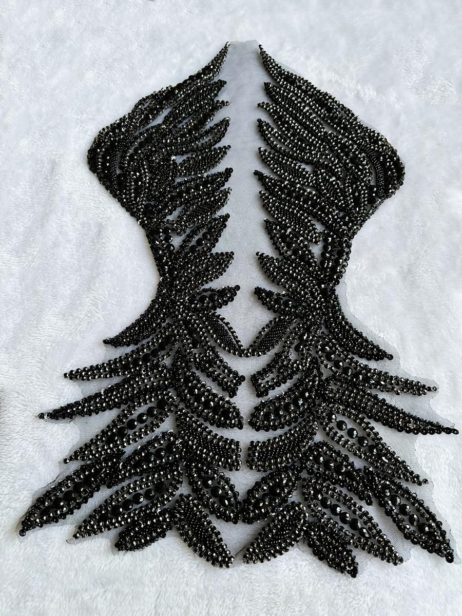 Pure Handmade Bodice lace Applique Hand Sewing Beaded Sequins Trim Patches for Dress Clothes Skirts Multiple Design Styles Accessories 14X24inches (Black)