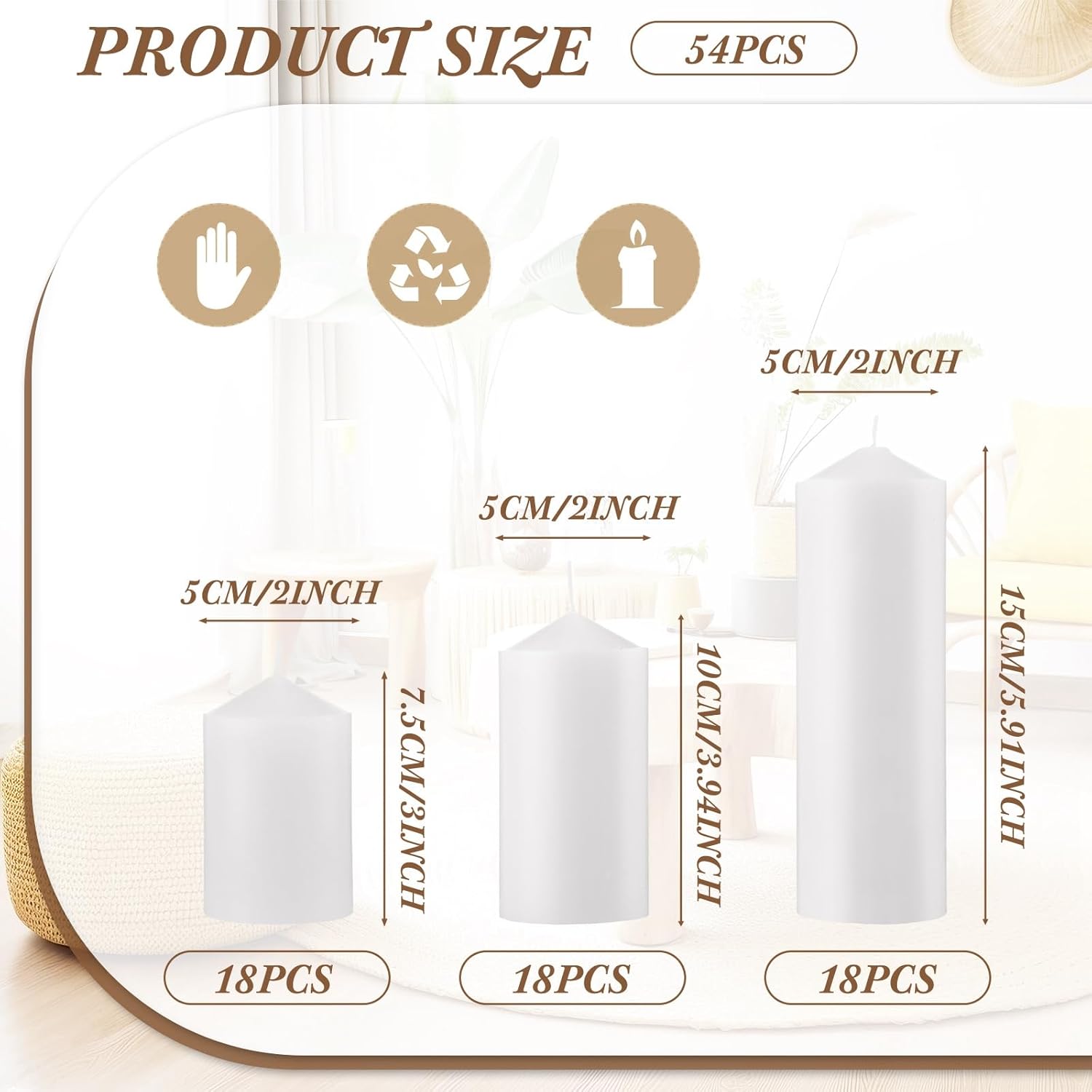 MTLEE 54 Pack White Dripless Pillar Candles 3"/4"/6" Unscented Candles Bulk Smokeless Fireplace Assorted Size for Home Wedding Birthday Dinner Holiday Party Decoration