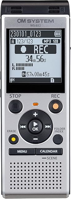 Wysokiej jakości dyktafon cyfrowy OM SYSTEM WS-882 z mikrofonami stereofonicznymi, 6 programami nagrywania, bezpośrednim połączeniem USB, zintegrowaną podstawką i 4 GB pamięci, VCVA