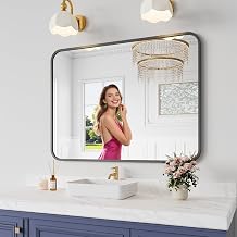 Koonmi Bathroom Mirror, 30X40 Inch Black Metal Framed Mirror for Bathroom, Tempered Glass, Anti-Rust, Rounded Rectangle Mirror for Restroom, Bedroom, Black
