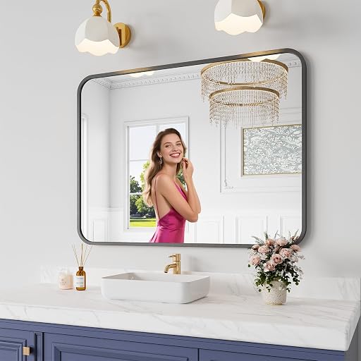 Koonmi Bathroom Mirror, 30X40 Inch Black Metal Framed Mirror for Bathroom, Tempered Glass, Anti-Rust, Rounded Rectangle Mirror for Restroom, Bedroom, Black