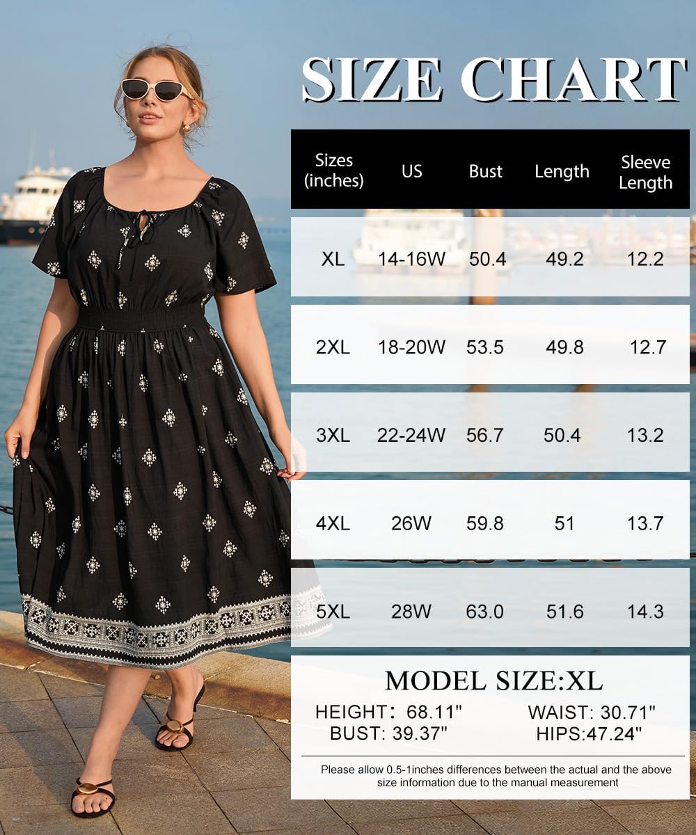 CARCOS Womens Plus Size Dress Summer Short Sleeves Square Neck Tie Front Elastic Waist Midi Dress with Pockets XL-5XL - Image 6