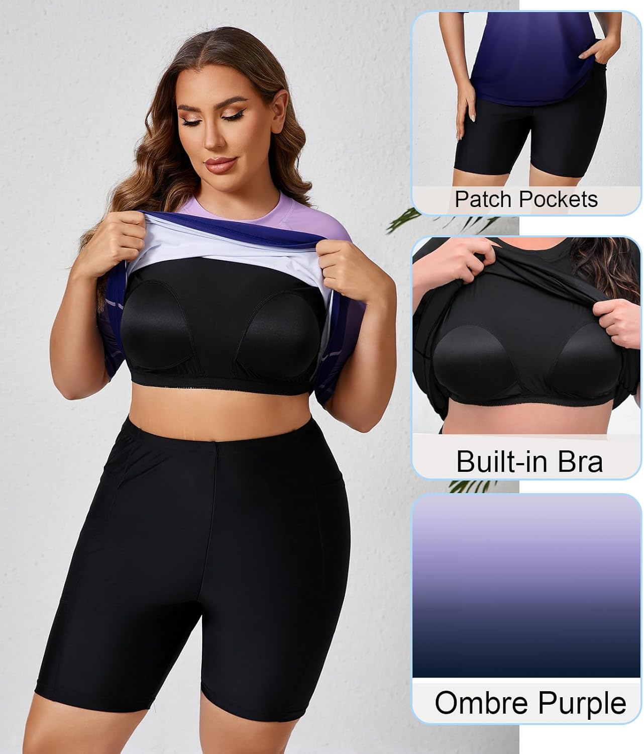 Halcurt Women's Plus Built in Bra Rash Guard Two Piece Swim Shirt and Pockets Boyleg Shorts - Image 5