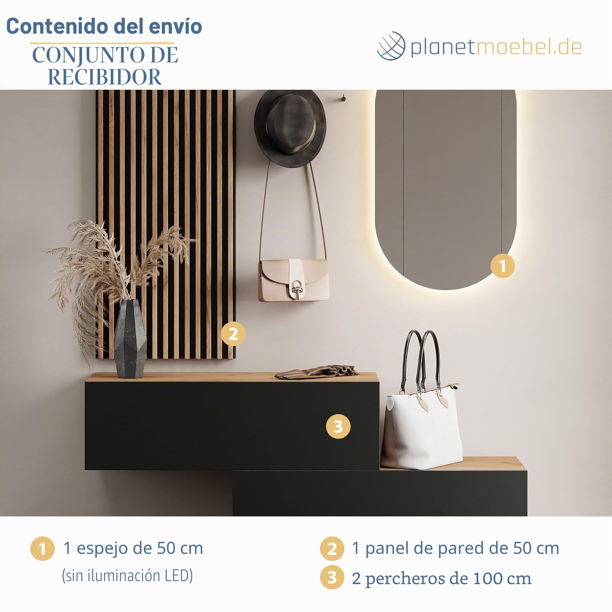 Planetmöbel - Mueble de entrada, 2 x 100 cm, roble dorado/antracita, panel de pared 50 cm, roble dorado/antracita, espejo de 50 cm (sin LED), 32,5 x 100 x 37,8 cm (alto x ancho x profundidad)