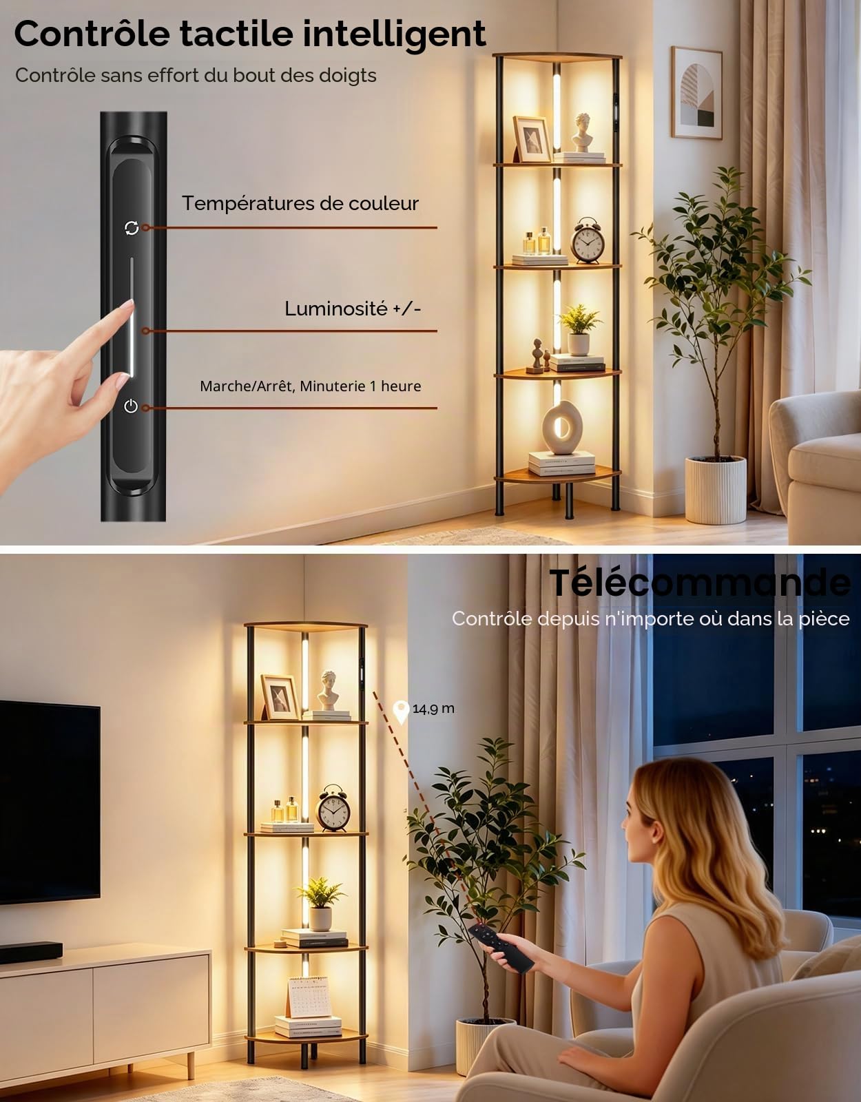 Lampadaire d’Angle LED avec Étagères 5 Niveaux, Commande Tactile et Télécommande, 3 Températures de Couleur, Intensité Réglable, pour Salon, Chambre ou Bureau
