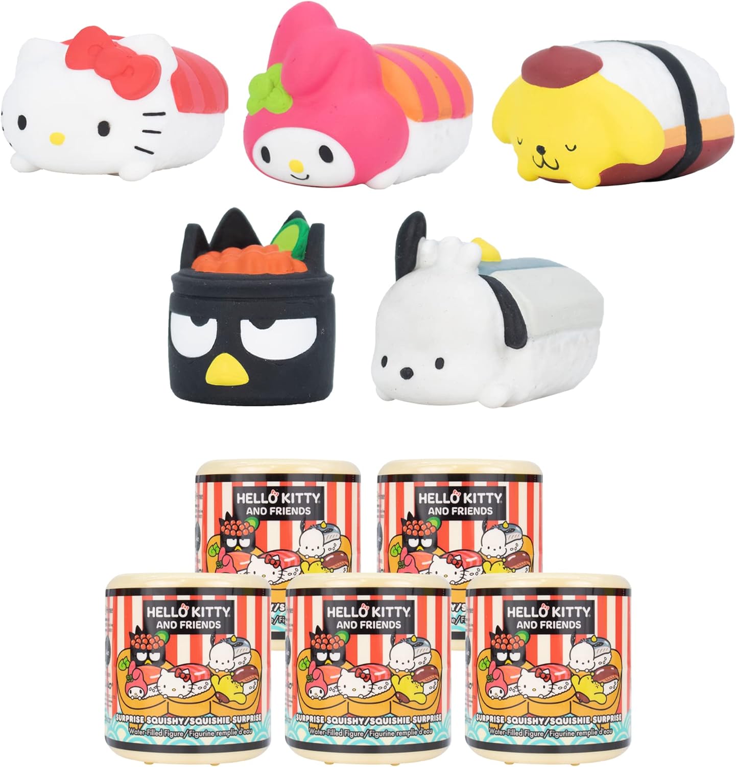 Hamee Sanrio Hello Kitty and Friends Cute Water Filled Surprise Capsule Squishy Toy [Sushi] [Birthday Gift Bag, Party Favor, Gift Basket Filler, Stress Relief Toy] – 5 Pc. (All 5 Styles)