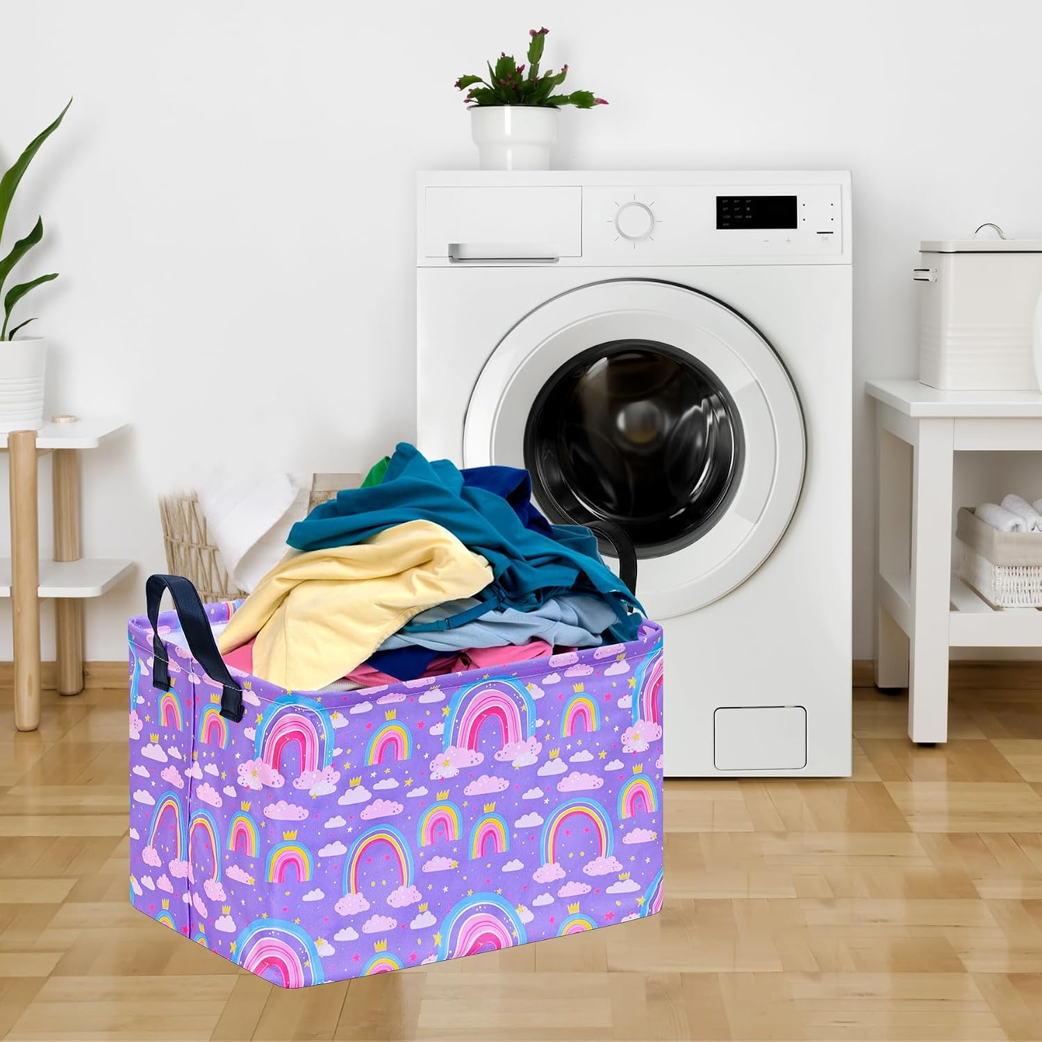Rainbow Print Storage Basket Laundry Clothes Basket Laundry Hamper with Handles, Storage Box and Bins Gift Basket