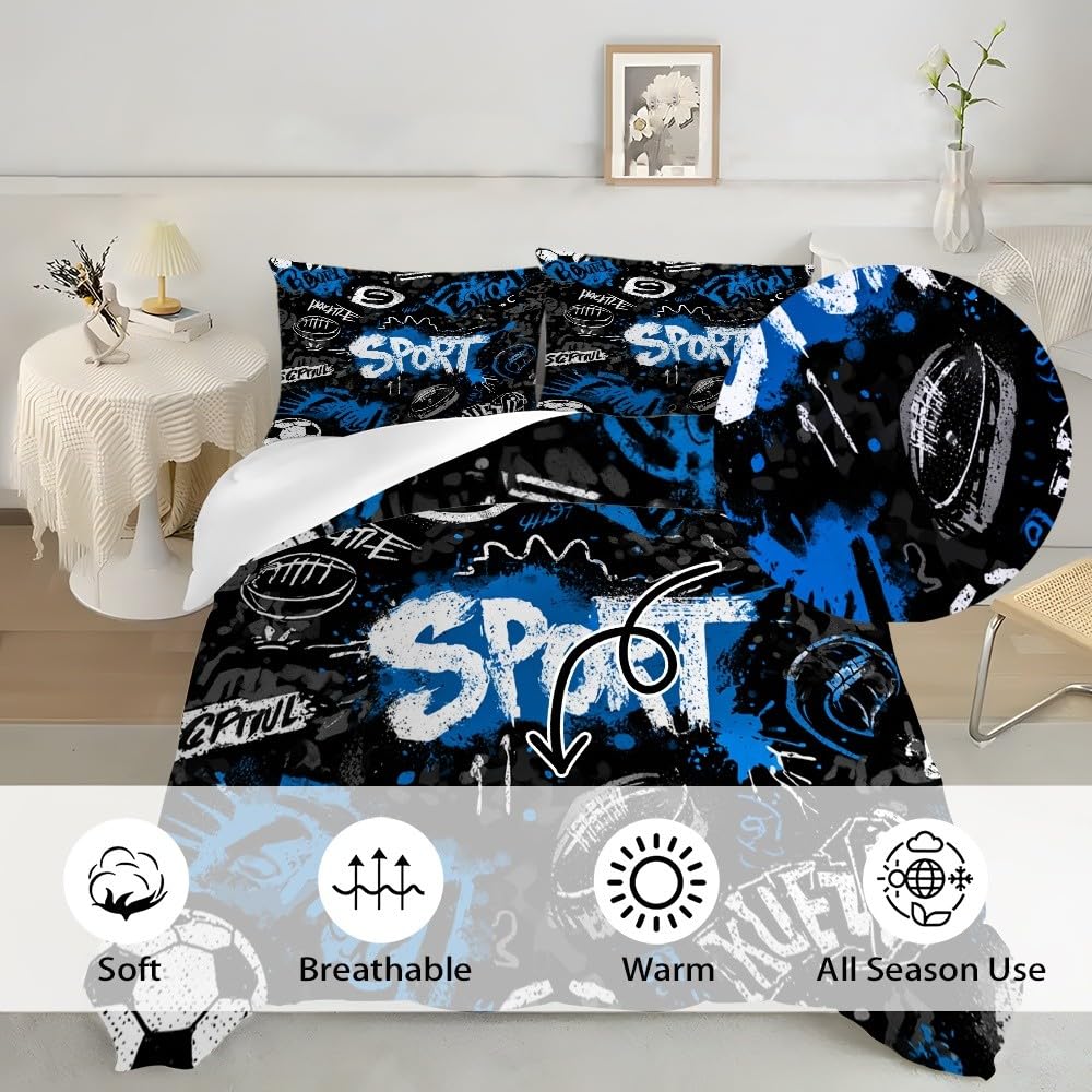 Pościel 200 x 200 cm, graffiti, na temat sportu, komplet pościeli, 100% mikrofibra, nie wymaga prasowania i nie gniecie się, można prać w pralce, niebieska, dwustronna pościel, z poszewką na poduszkę