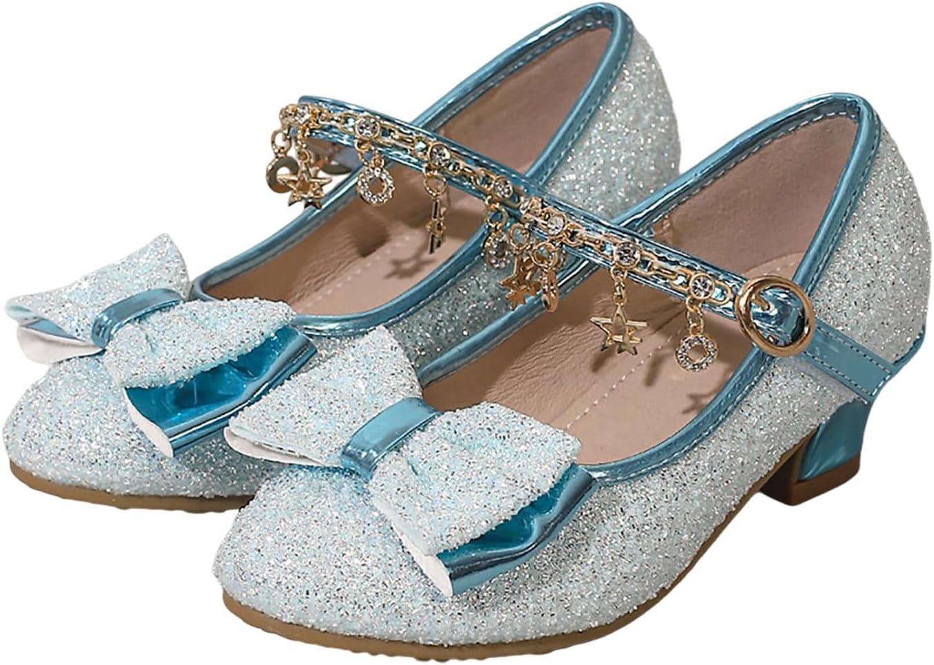 IWIHMIV Girls Dress Mary Jane Shoes with Bows Wedding Flower Low Heels Glitter Princess Shoes with Hook and Loop