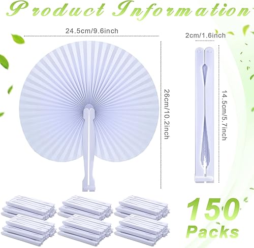 Miniatura 2 de Yulejo Paquete de 150 abanicos de papel plegables redondos blancos con mango de plástico para decoración de boda, celebración de boda, bricolaje,