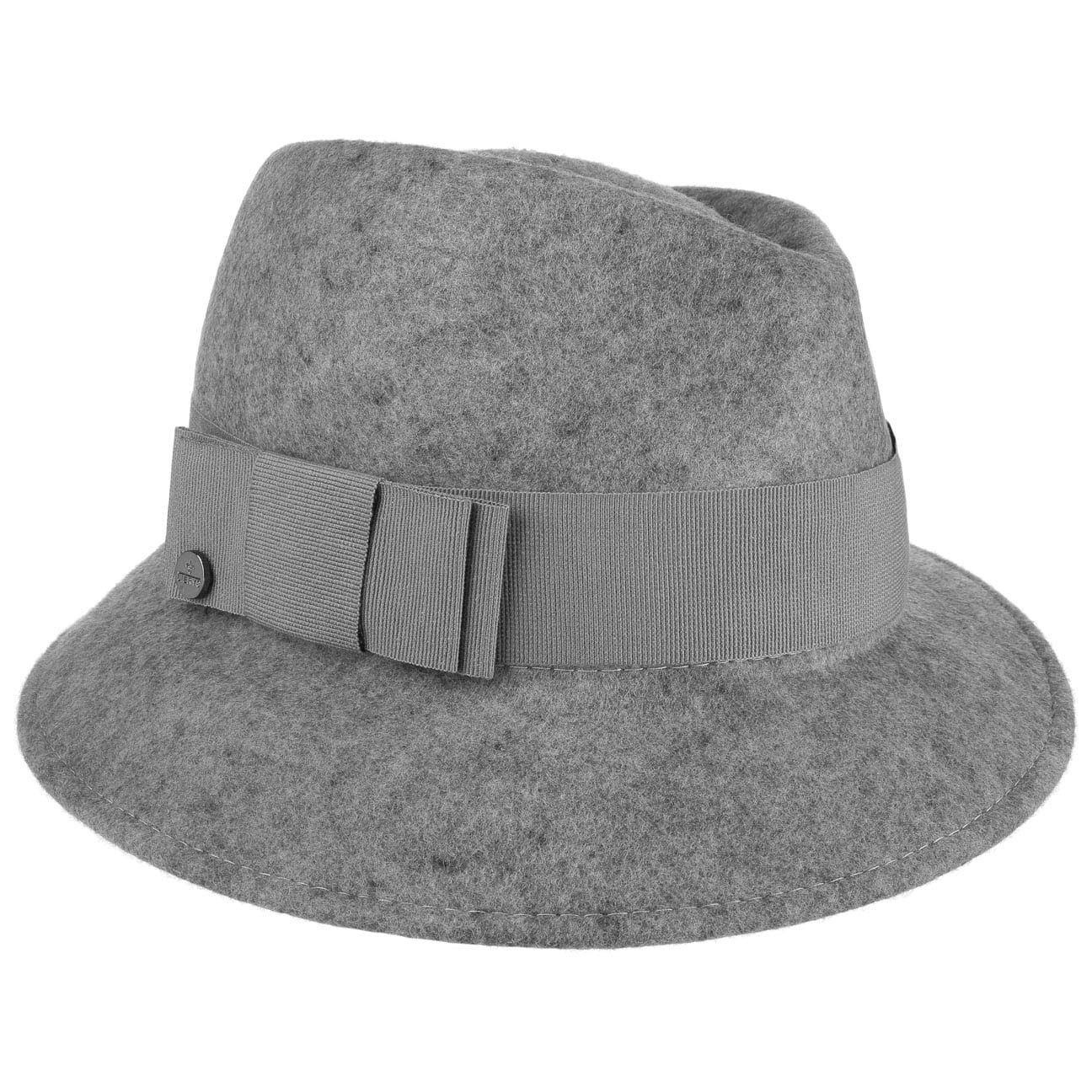 LIERYS Asym Melange Damenhut Made in Italy Wollfilz Unifarbener Filzhut mit Ripsband und Schleife Fedora Outdoorhut Damen Herbst Winter