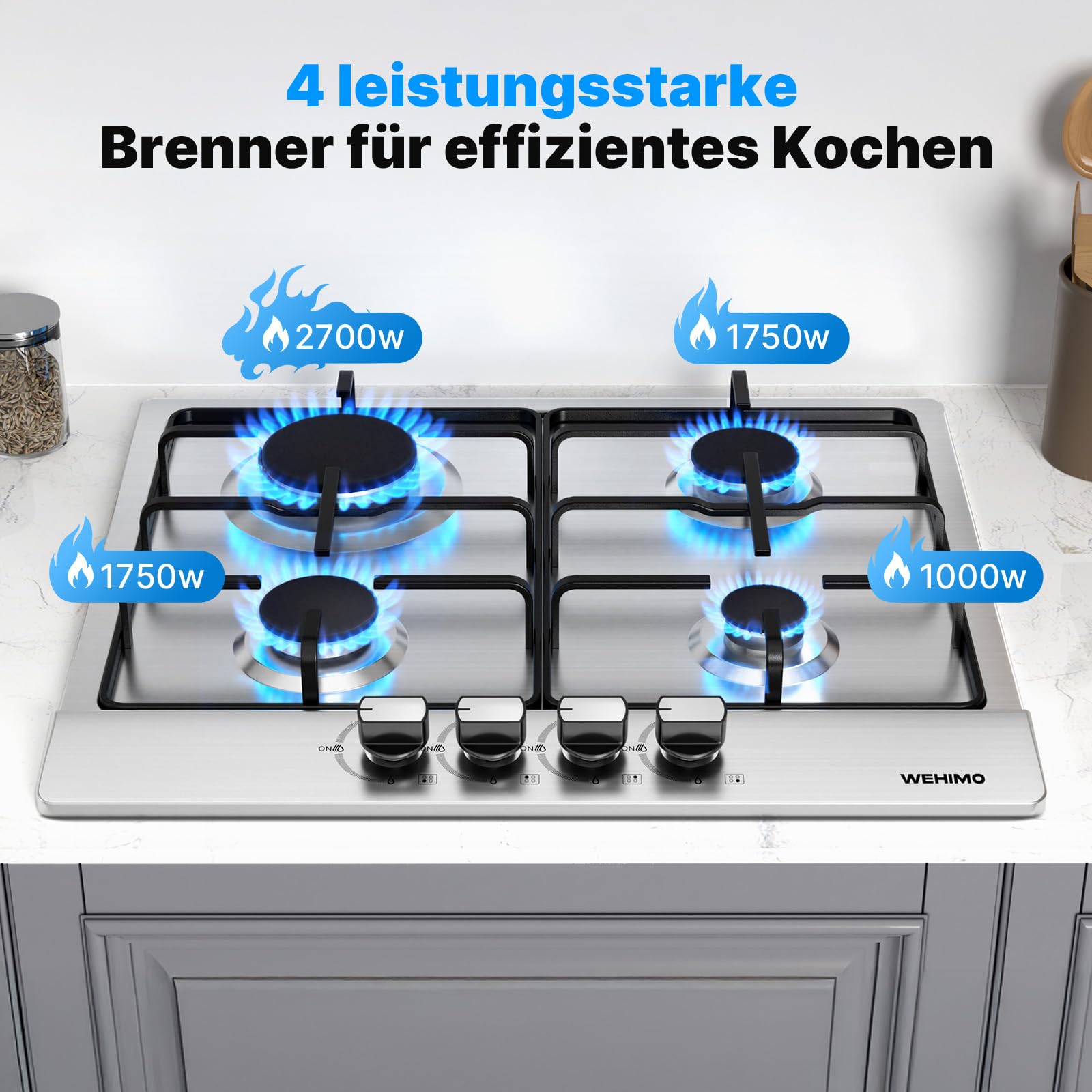 WEHIMO Domino płyta gazowa, 4-palnikowa płyta gazowa do zabudowy, 59 cm, 7200 W, 4 strefy grzewcze (2700 W + 1750 W + 1750 W + 1000 W), do wszystkich garnków