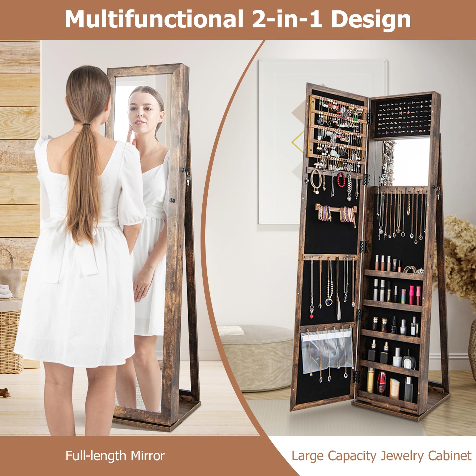 Armadietto Per Gioielli Con Specchio A Figura Intera | Organizer Con Serratura E Angolo Regolabile | Bianco SH-QH-6150-W | SogesHome