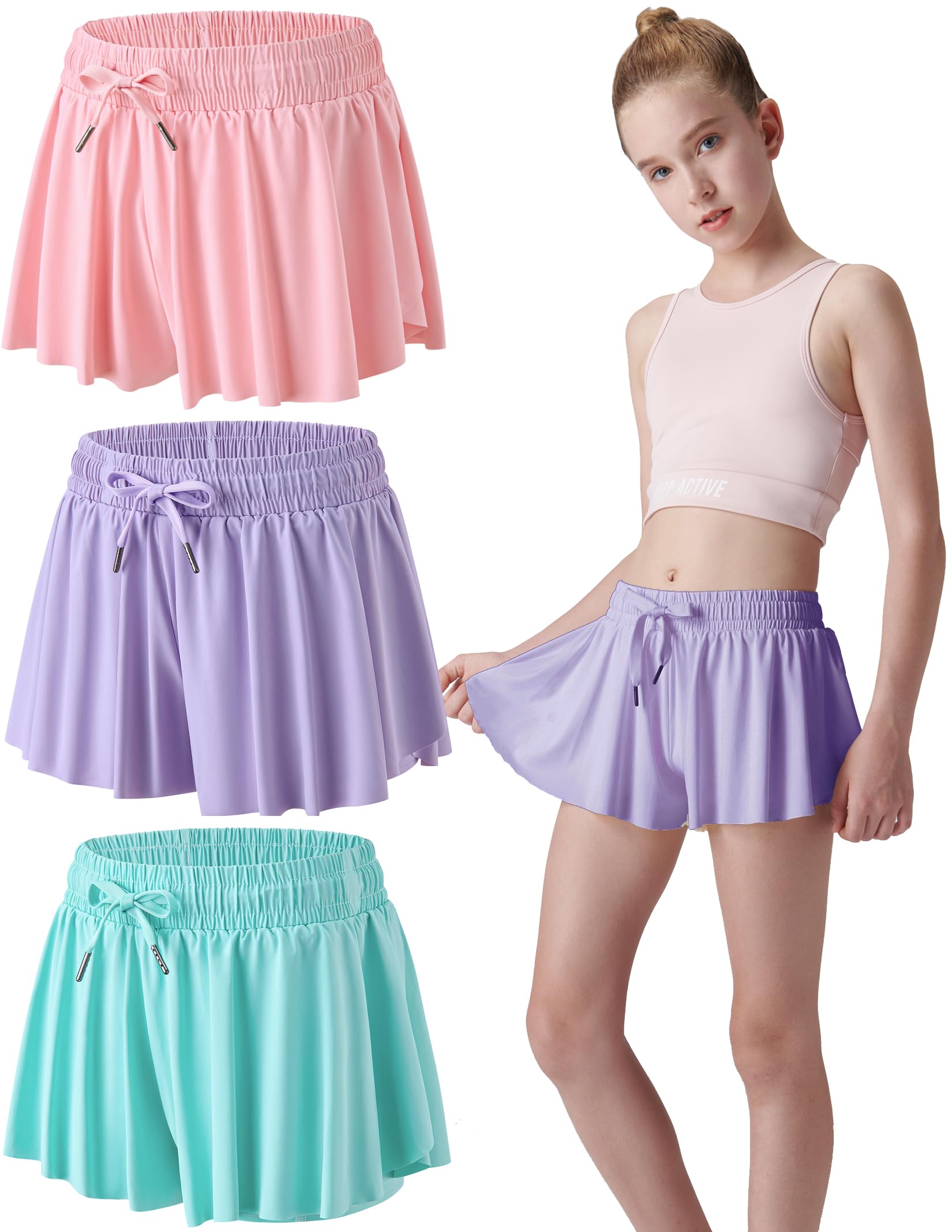 3 Pack Girls Flowy Shorts with Spandex Liner 2-in-1 Youth Butterfly Skirts for Fitness, Running, Sports