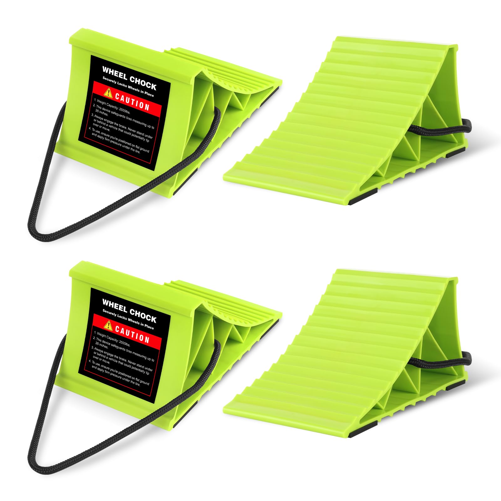 Wheel Chocks 4-Pack, Hard Plastic RV Tire Chocks with Rope for Easy Removal, Non-Slip Wheel Stoppers Block for Trailers, Trucks, Ramps, Workshops and Uneven Ground Green-4 Pack