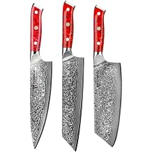Damascus Steel Kitchen Knife Set Red Resin Handle