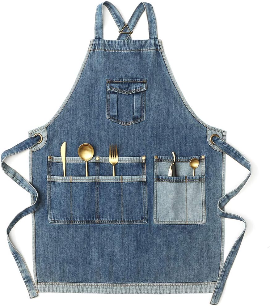 Jeanerlor - Womens Work Barber shop Cotton Apron for Hairstylist with Pockets for Women Cross Straps & Adjustable S to M (Blue)