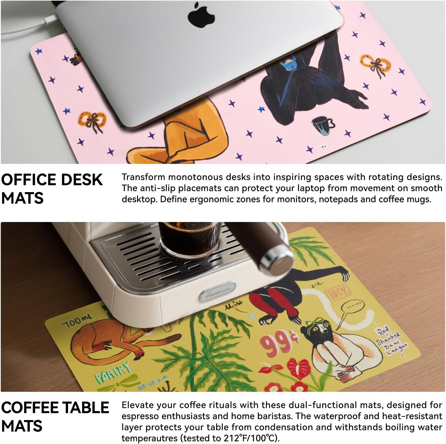SAMCAM Artistic Faux Leather Placemats Set of 6, Waterproof Heat-Resistant Table Mats for Dining Coffee Office & Wall Art Decor, Colorful 17.7" x 11.8", Monkey Themes