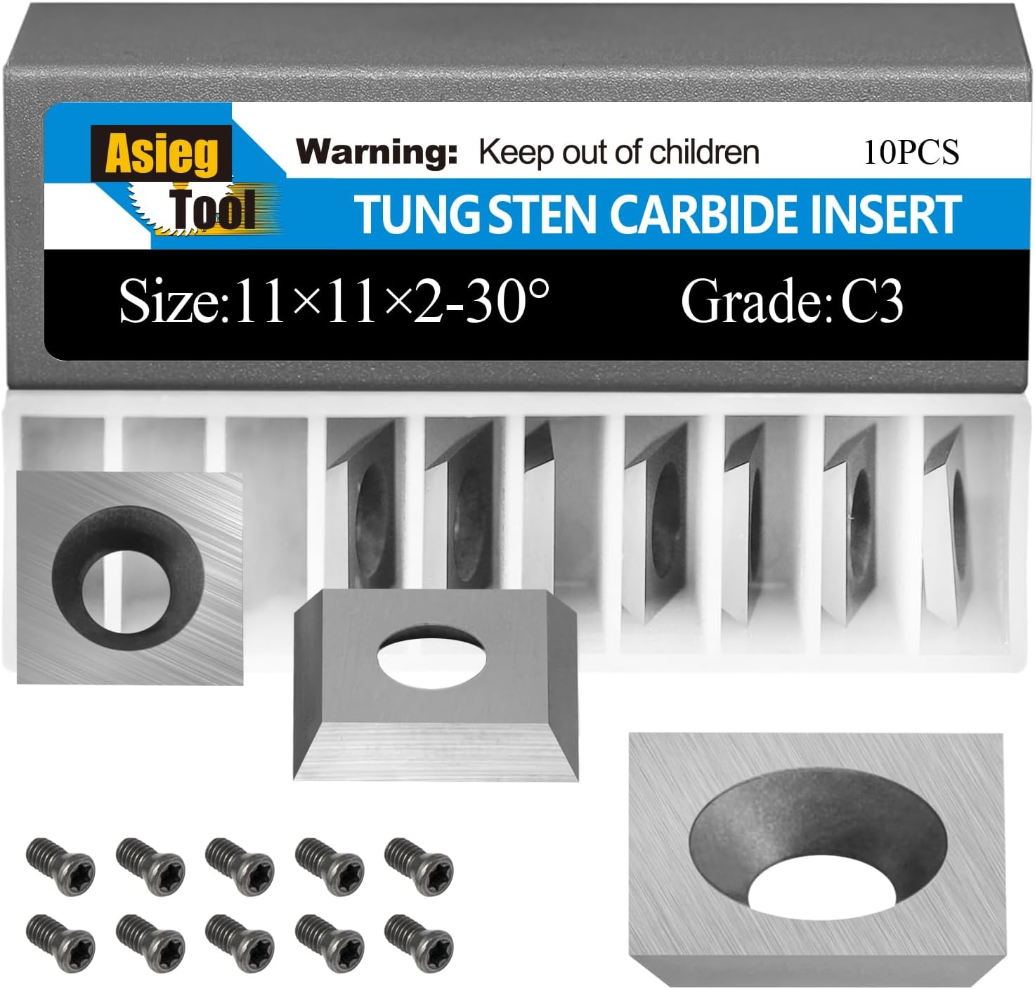 Asieg Tool 11x11x2.0mm Tungsten Carbide Replacement Blades Cutter Inserts Knives with Screws M4x9 Replacement for Woodworking Fits Spiral Helical Planer Cutter Head or lathe Turning Tipped 10pcs