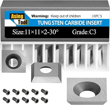 Asieg Tool 11x11x2.0mm Tungsten Carbide Replacement Blades Cutter Inserts Knives with Screws M4x9 Replacement for Woodworking Fits Spiral Helical Planer Cutter Head or lathe Turning Tipped 10pcs