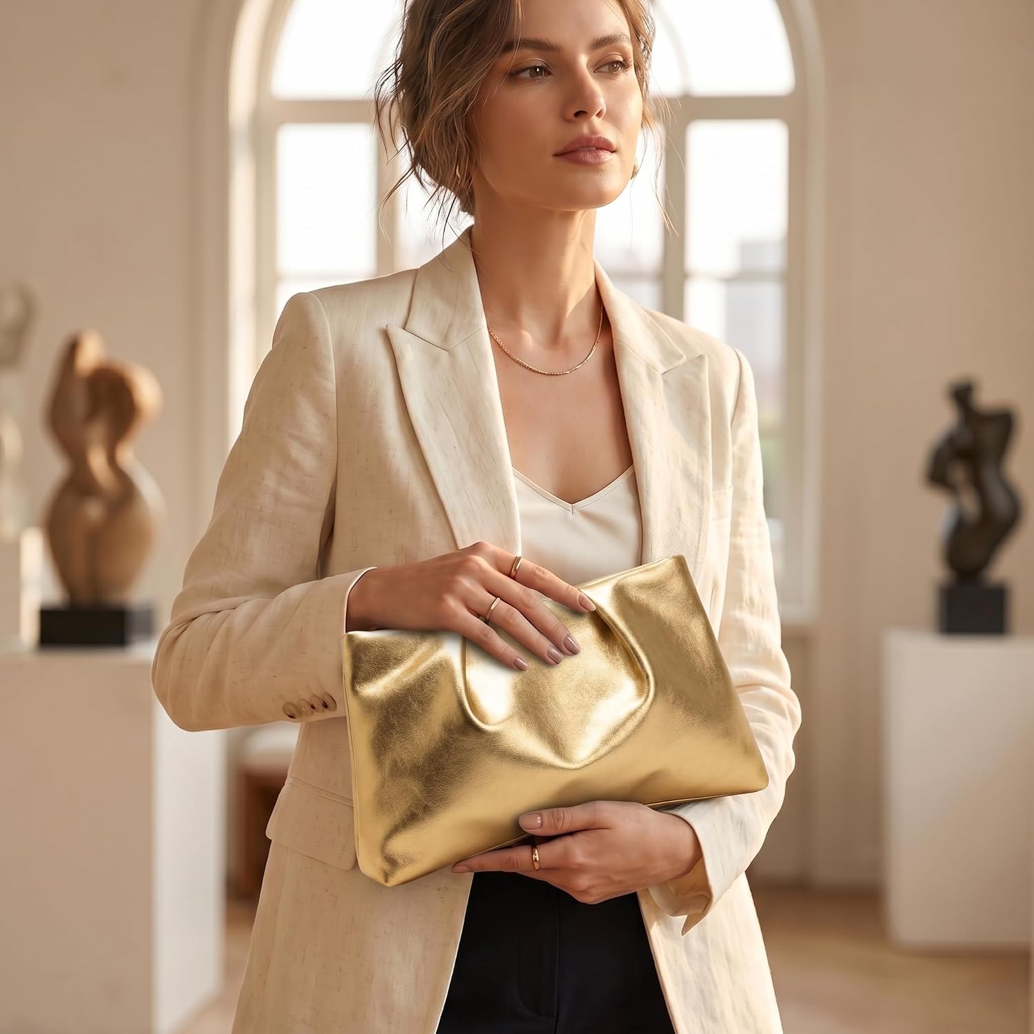 Slouchy PU Leather Clutch Purse for Women Ruched Black Evening Handbag with Zipper Closure