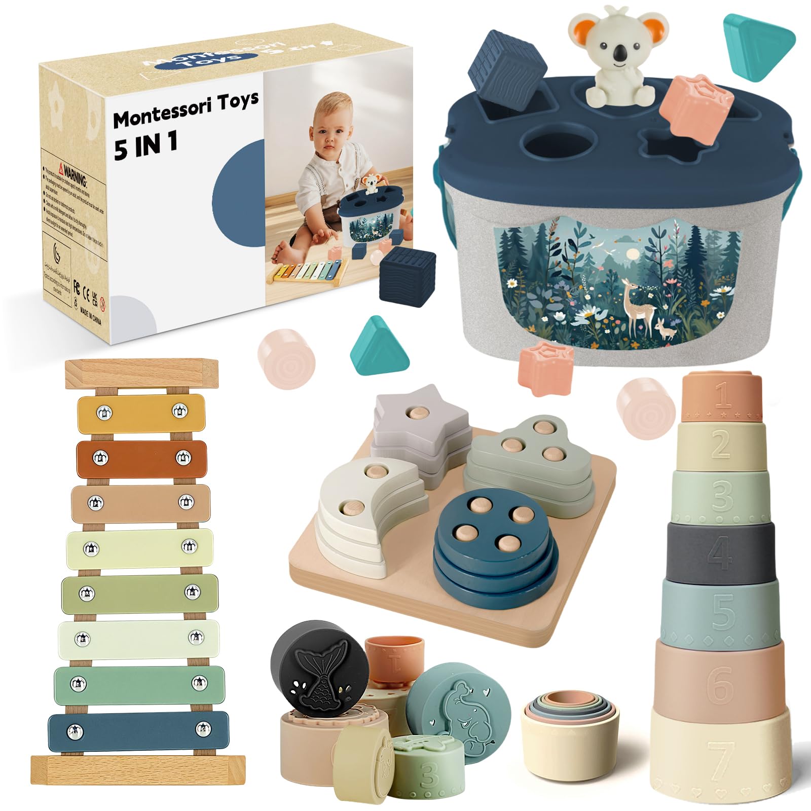 Almaxi Giochi Bambini 6 Mesi in su,5 in 1 Giochi Montessori 6-12 Mesi | Giochi Neonato 6 Mesi,Giochi Sensoriali per Neonati,Giocattolo di Forme e Impilamento,Xilofono,Regalo Neonato 6 Mesi