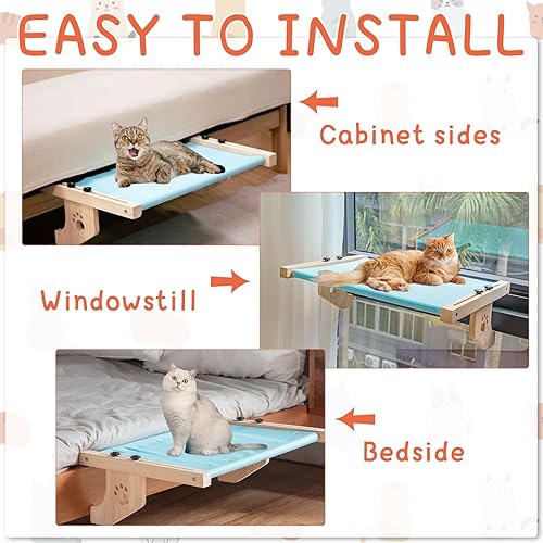 Miniatura 6 de Pinkunn Juego de 2 alféizares de ventana para gatos, perca ajustable de madera para gatos pequeños, hamaca para ventana, asiento de ventana,