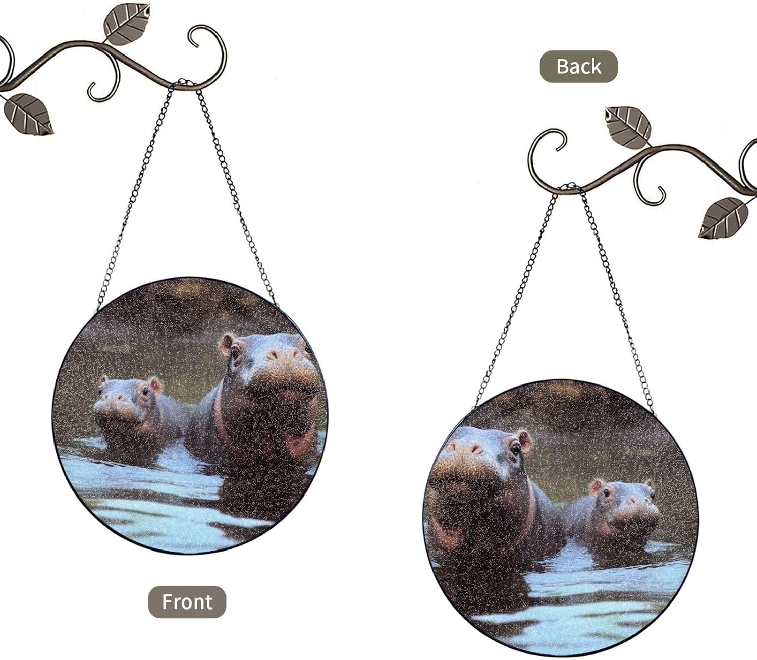 Stained Glass Window Hanging 6in（15cm）, Hippos Glass Suncatcher for Home Decor, Indoor Wall Art Glass Panel with Metal Chain and Hooks, Sun Catcher Ornament Birthday Gifts