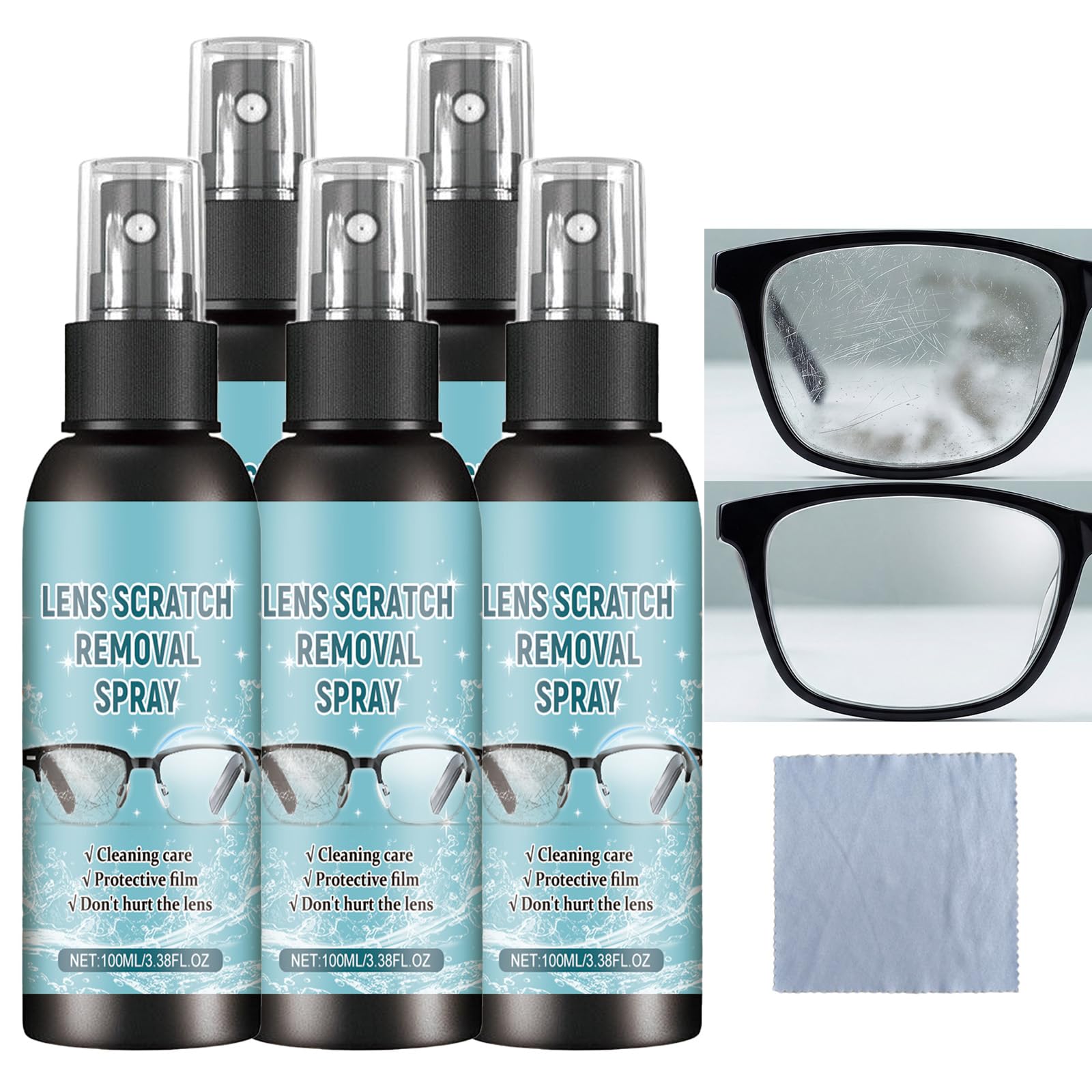 Brillenkratzer-Entferner-Kit, Linsenkratzer-Entfernungsspray mit Mikrofaser-Reinigungstuch, Linsenoberflächenreiniger Polierflüssigkeit für Brillen, Kameralinsen, Bildschirme, Tablets (5PCS)