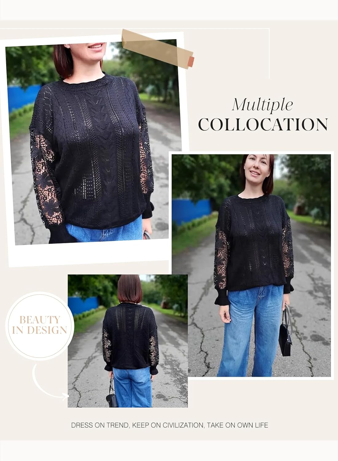Dokotoo Womens Crewneck Crochet Lace Long Sleeve Hollow Out Cable Knit Sweaters Pullover Tops