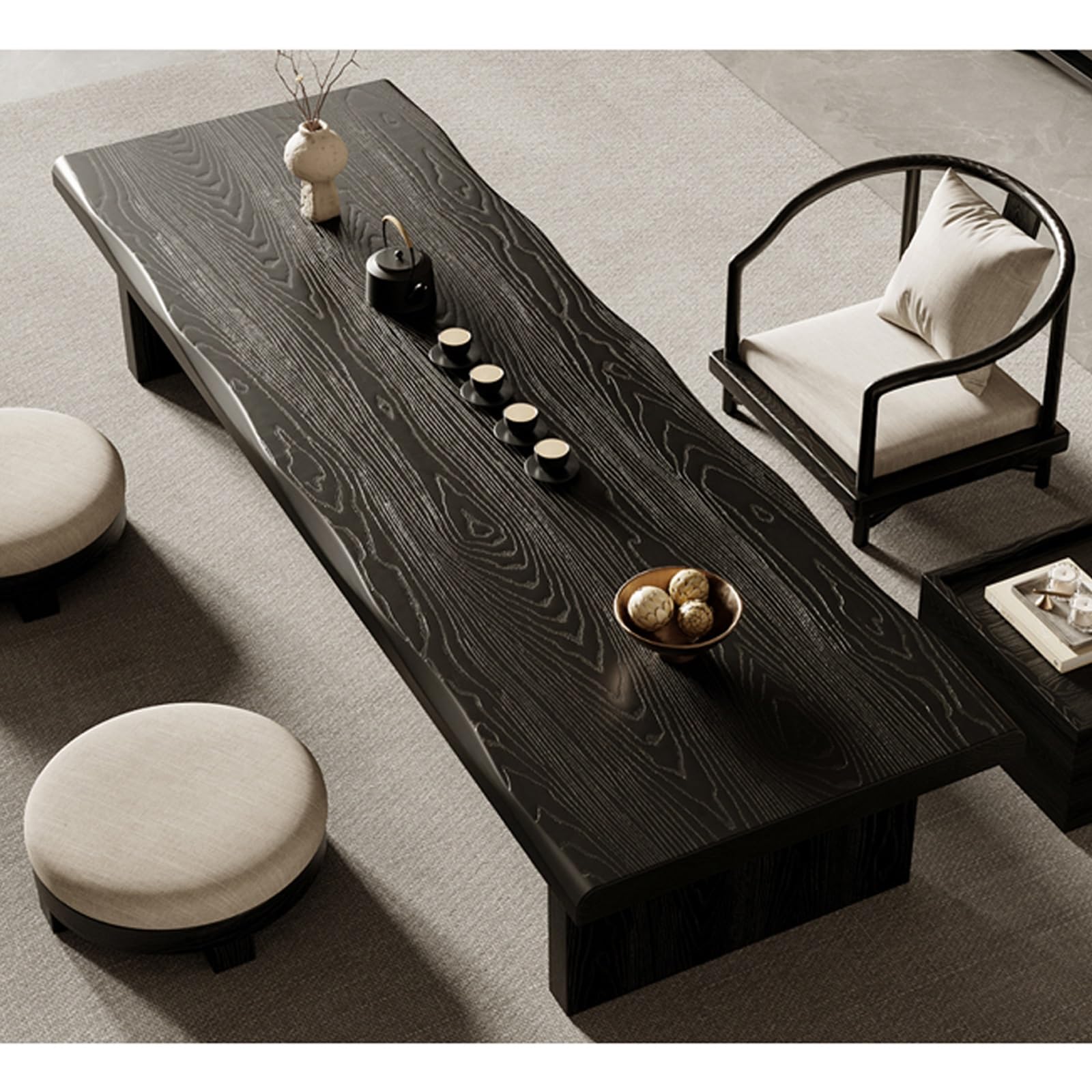 Table basse japonaise vintage en bois massif noir au design intemporel pour réception