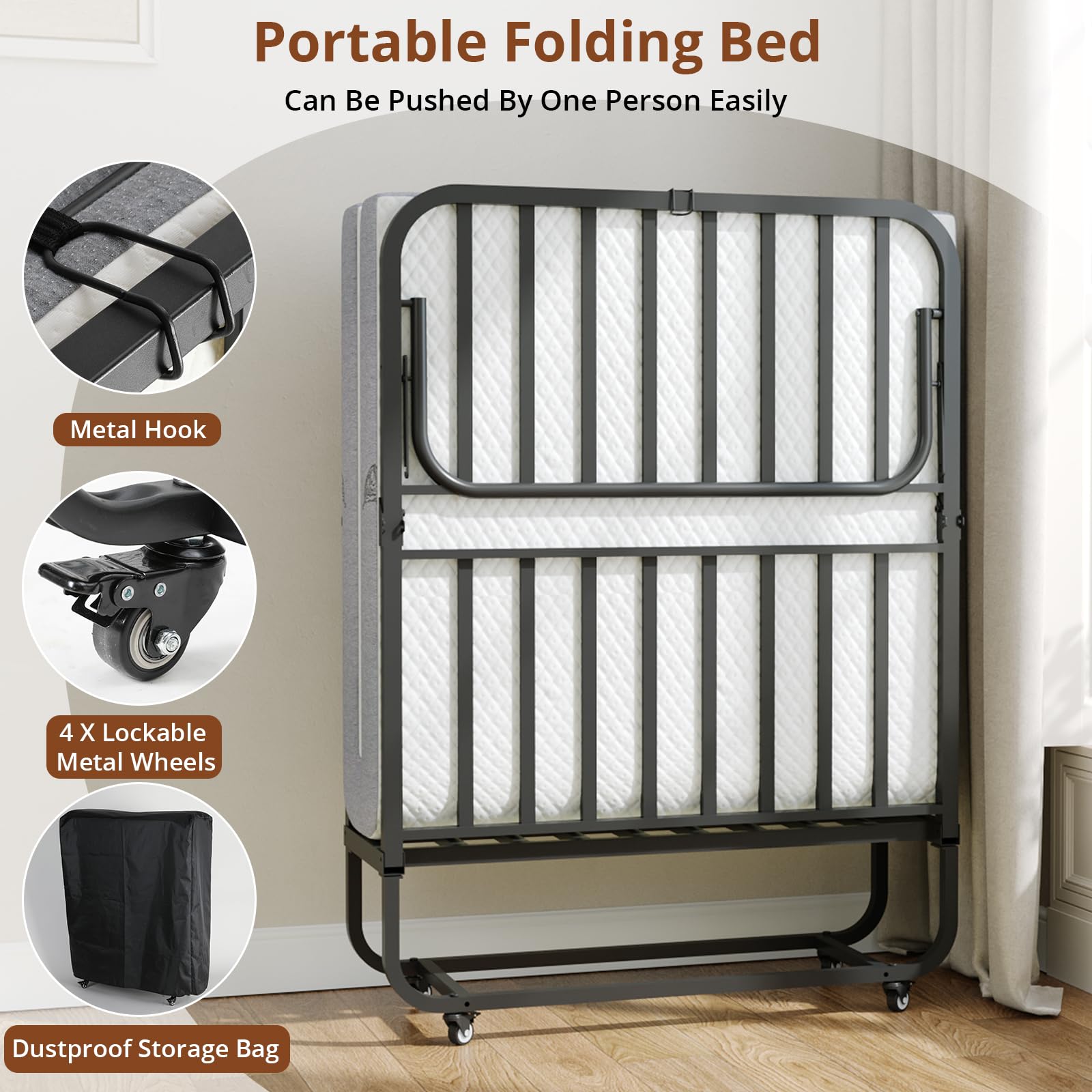 VOWNER Lit Pliant 1 Personne 90 x 200 cm, lit d'appoint avec Matelas en Mousse Mémoire et Couverture de Poussière，Structure Robuste ET 4 Roues, Charge 200 kg