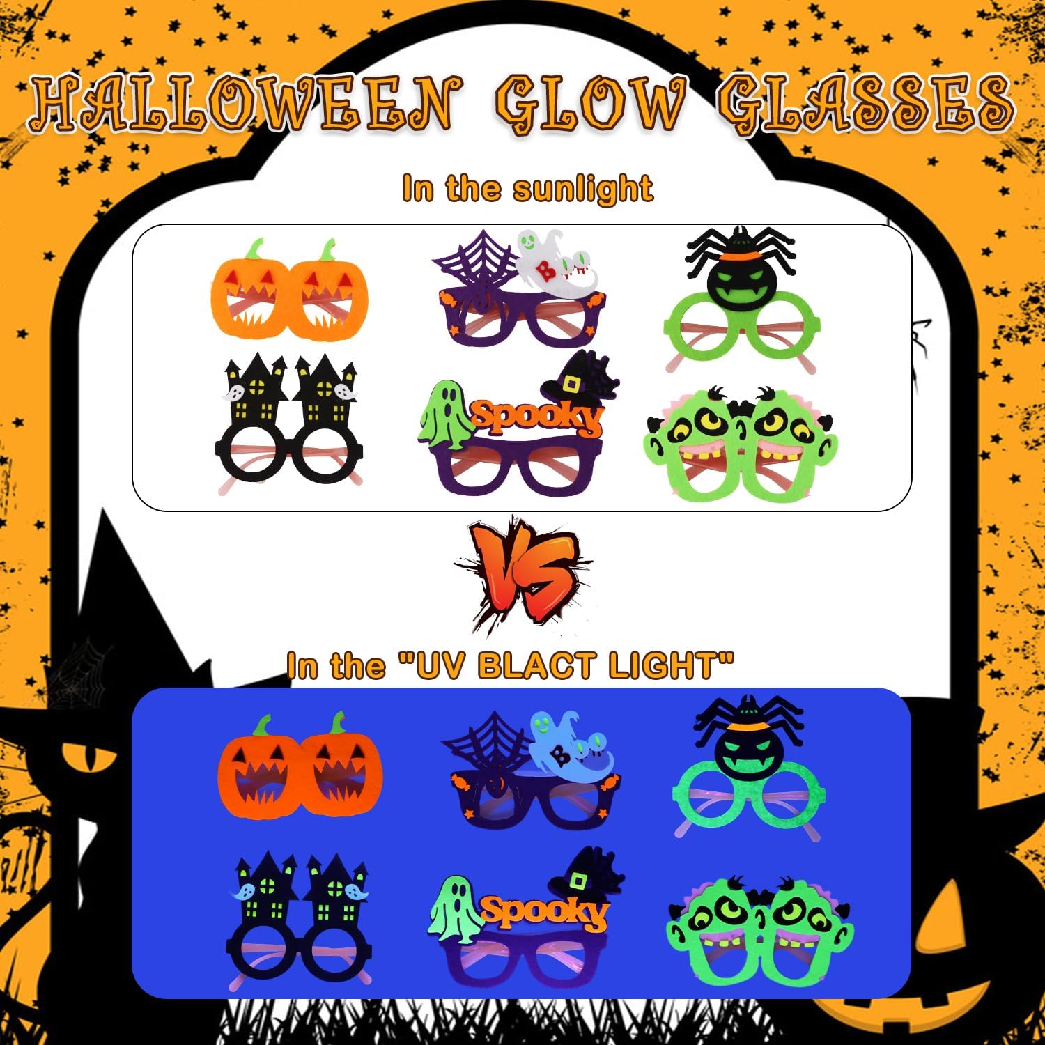 6 Packs Glow In The Dark Halloween Glasses Felt Costume Eyeglasses with Pumpkin Ghost Spider Frankenstein and Haunted House for Halloween Spooky Photo Booth Props Party Favors Decorations Accessories